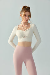 Drawstring-Yoga-Long-Sleeve-Backless-Top-White