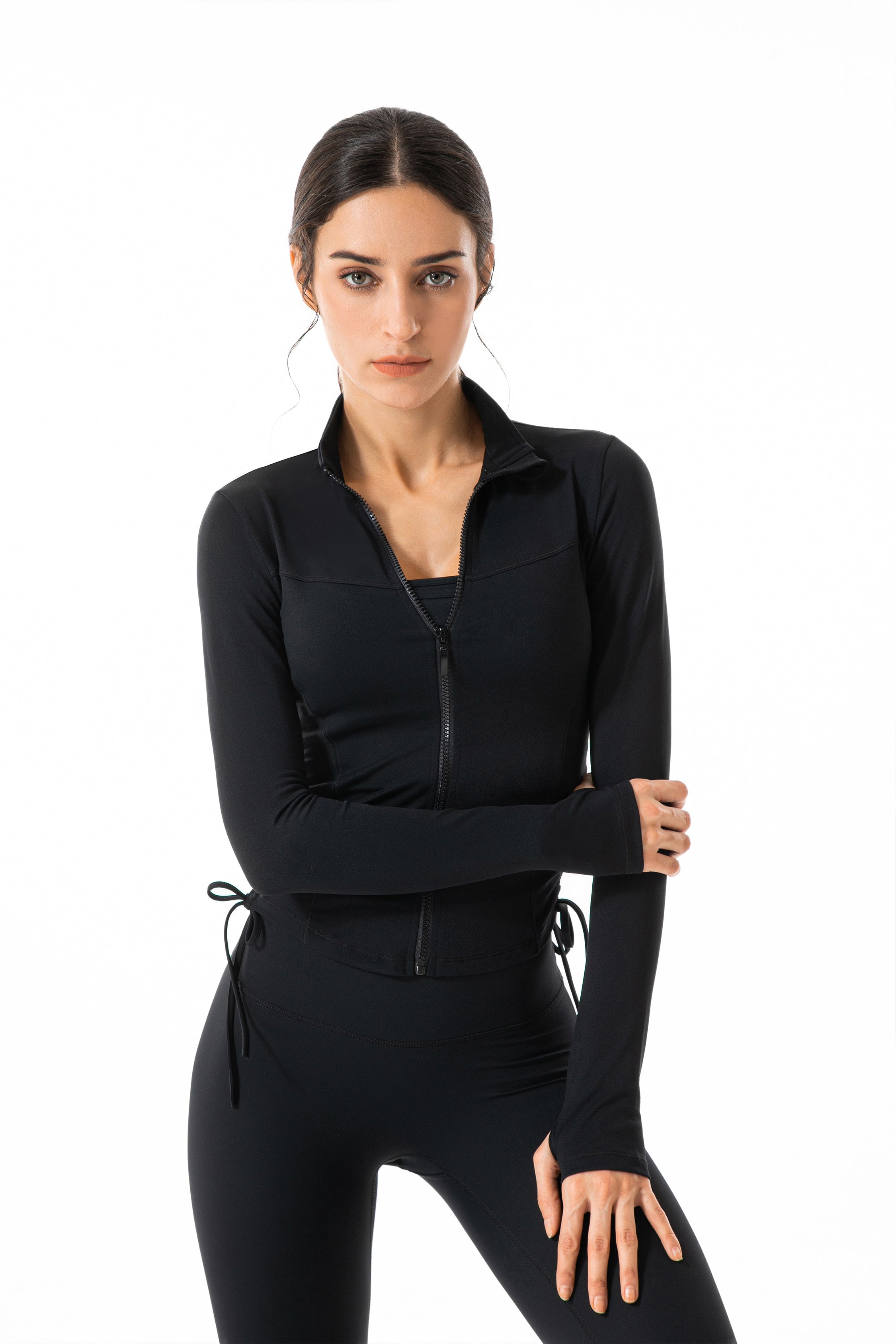 Drawstring-Fitness-Cropped-Jacket-Black